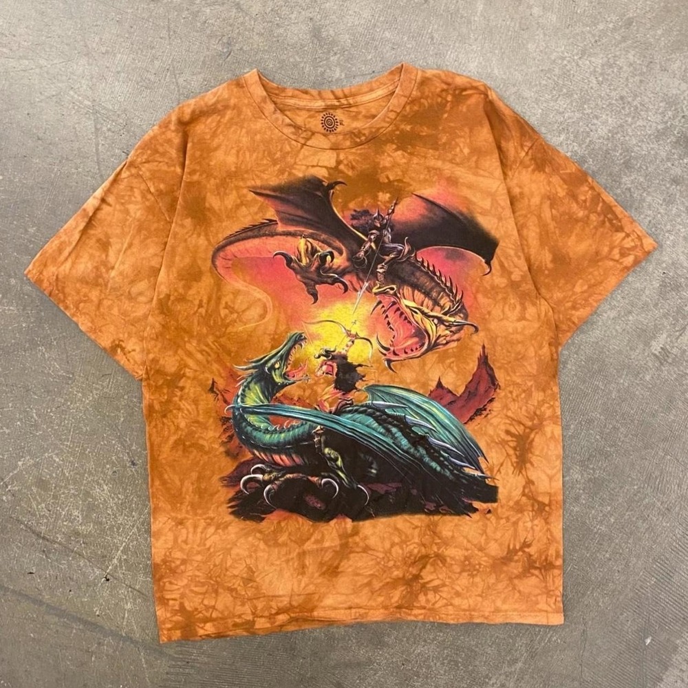 Vintage Y2K Medieval Dragons Fighting AOP The Mountain T-Shirt Fantasy Lava XL